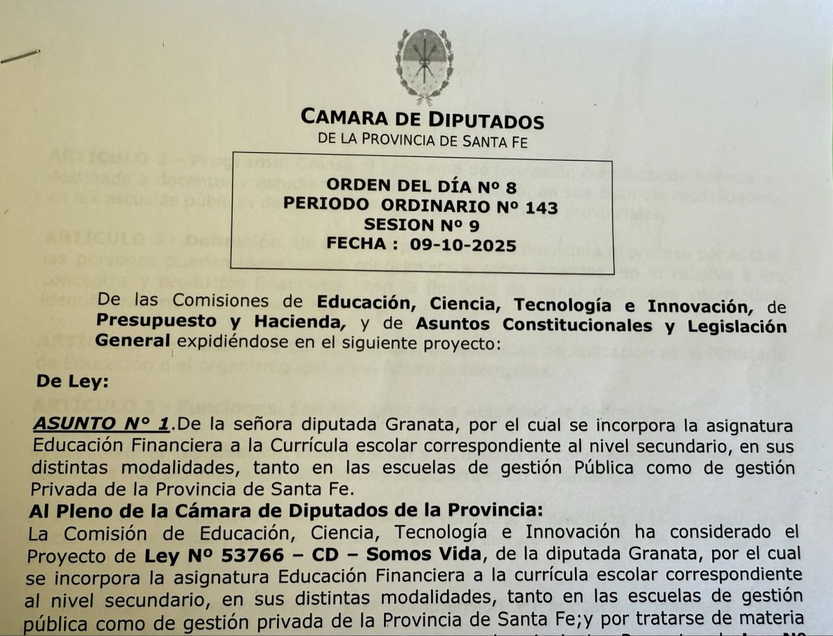 Santa Fe: Media sancin al proyecto para ensear Educacin Financiera en las secundarias